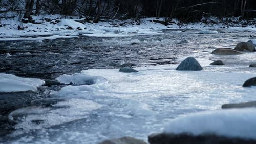 Closeup of a River with Frozen Banks with Ice Mountain Winter River