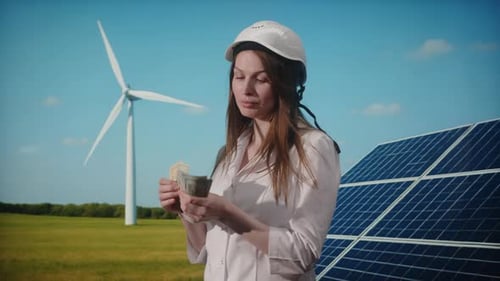 Female Engineer with Money Near Wind Turbine and Solar Panels