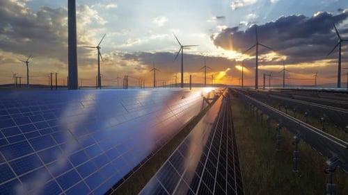 Alternative Energy Sources With Wind Mill And Solar Panel For Green Energy Production
