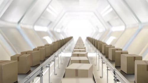 3D Animation Loop of Carton Boxes on Conveyor System to Warehouse at Illuminated Factory