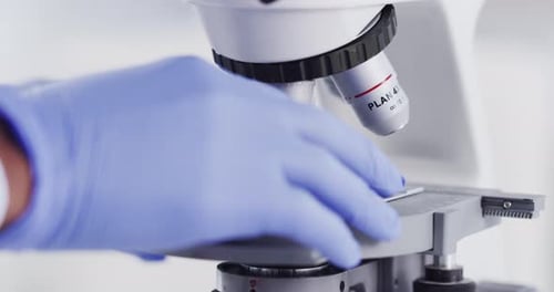 Science, microscope and pharmacy with hands of person in laboratory for experiment