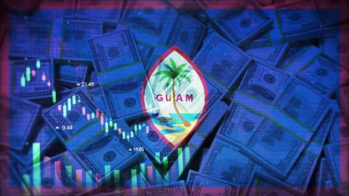 Guam Flag On Economic Background With Decrease Bar Chart Graph And Arrow