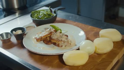 Closeup of Professional Cook Stylishly Serving Crust Golden Potato Pancakes