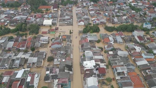 Aerial view of a flooded residential area