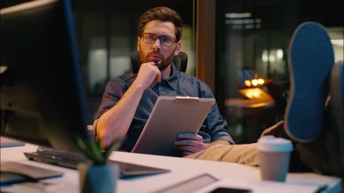 Thoughtful Male Businessman Caucasian Business Man Guy in Dark Evening Office Relaxed Thinking