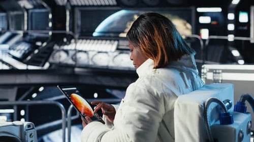 Female Astronaut Performing Routine Maintenance in Starship Travelling to Mars