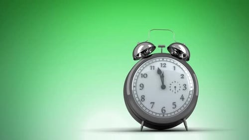 Animation of vintage alarm clock moving in fast motion and ringing on green background