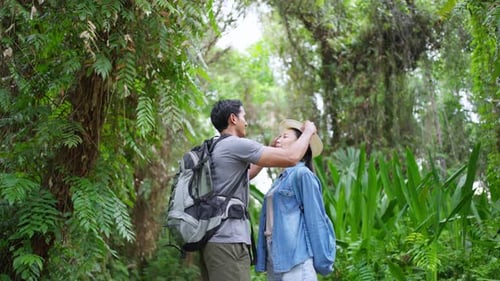 4K Young Asian couple hiking together in tropical forest.