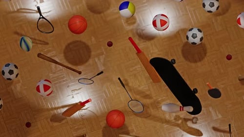 Dynamic Floating Sports Equipment 3D Animation