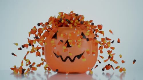 Halloween Candy Corn Falling into Pumpkin Candy Bucket