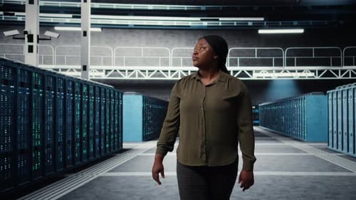 System Administrator Walking Through Data Center Server Rows