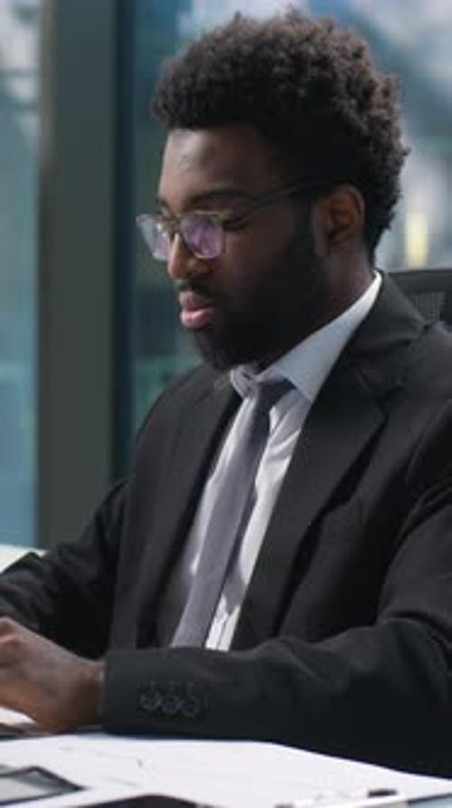 Confident Happy African American Man Working Typing Computer Pc Manager Office Worker Male Looking