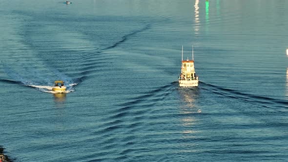 Small Motorboat Sailing Fast on Ocean Waves with Ripple Water Surface ...