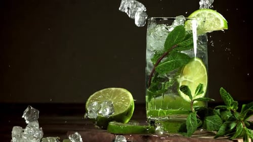 Ice Falls Into a Mojito Cocktail Filmed on a Highspeed Camera at 1000 Fps