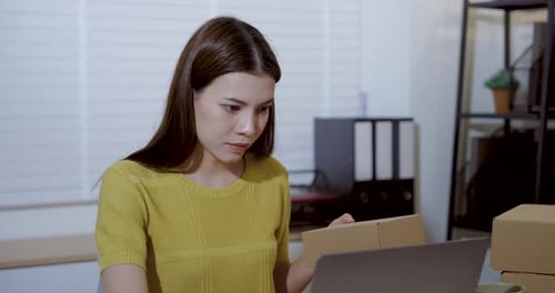 Woman Working On Laptop With Boxes In Room