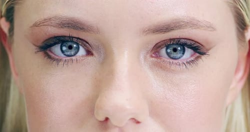 Woman, beauty and eyes close up for vision health or cosmetics lens, lashes and eye makeup