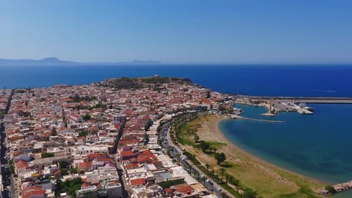 Aerial View of Rethymno Harbor and Coastline in Crete Greece