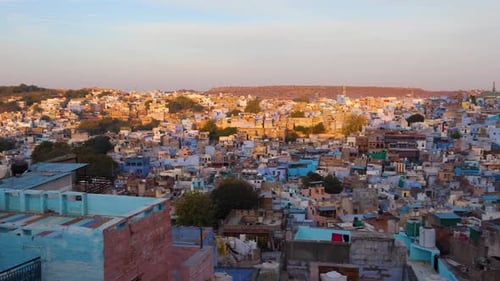 blue city crowded construction view from mountain top at morning video is taken jodhpur rajasthan in