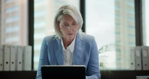 Mature, business woman and tablet with glitch, company or work for research and employee in office