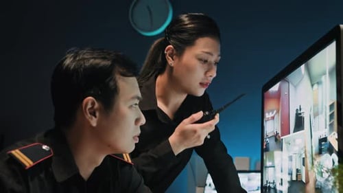 Asian Managers Monitoring CCTV Cameras at Workplace