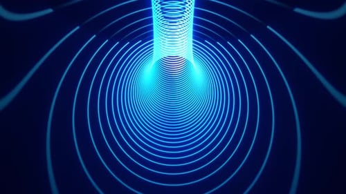 Dynamic blue neon light trails forming wave-like tunnel patterns in a dark digital space
