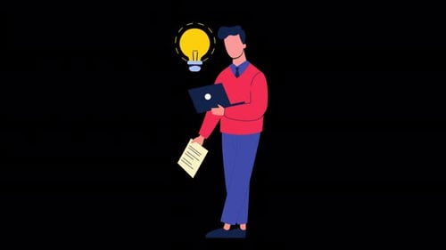 Animated Man with Laptop and Idea Lightbulb for Business