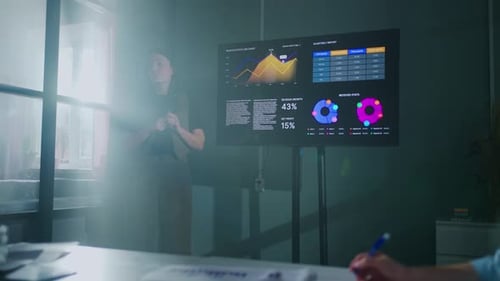 Business Expert Woman Showing Report Of Sales And Profits On Digital Display For Office Workers