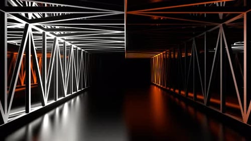 Mirrored Corridor With Orange And White Neon Lines Background Vj Loop In 4K