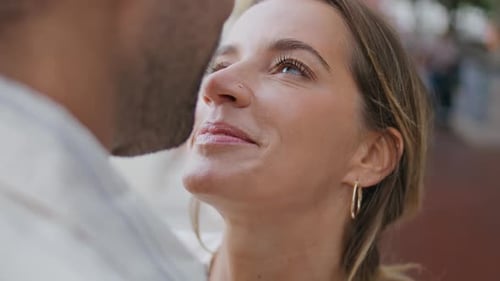 Enamoured Woman Face Talking Boyfriend at City Date Closeup Spouses Flirting