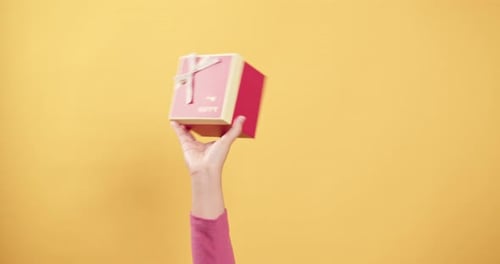 Close up women's hand holds a red gift box in her palm raise with shaking and lowers it down the scr