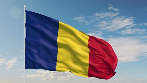 Romania National Flag Waving in Wind with Clouds