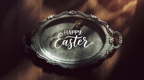Happy Easter Calligraphy Text with Rolling Egg on Ornate Tray