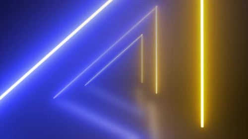Abstract looped triangle tunnel neon blue and yellow energy glowing from lines background