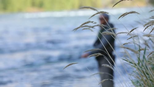 Man Fishing in a Flowing River, Daytime
