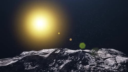 Bright Sun Shines Over Rocky Moon Surface in Space