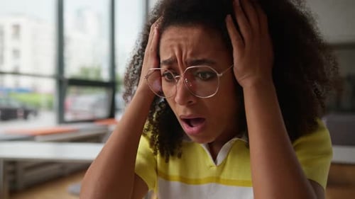 African American Girl Student Using Laptop Studying Online Businesswoman Holding Head Failure Lost
