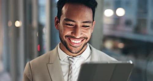 Office tablet, face and happy man reading, scroll or smile for company growth data