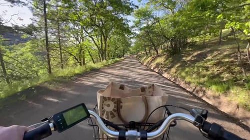 Bicicleta eléctrica que viaja por un sendero forestal con una cesta en la parte delantera. POV