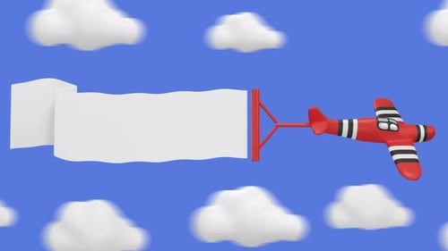 Animated Red Airplane Pulling White Banner In Blue Sky