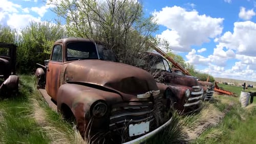 Old rusty trucks sitting in a grassy field on a sunny day during the summer with a blue sky and clou