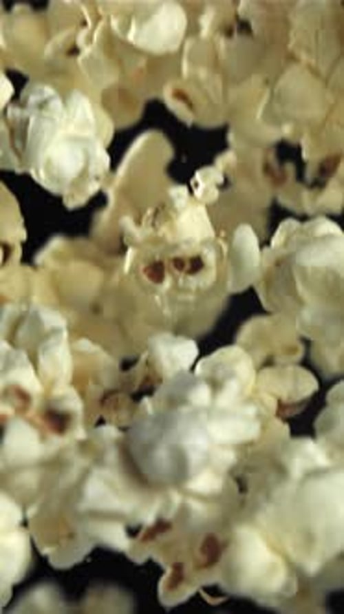 Popcorn fliegt hoch und fällt auf einem schwarzen Hintergrund herunter, gefilmt mit einer Hochgeschwindigkeitskamera mit 1000 Bildern pro Sekunde