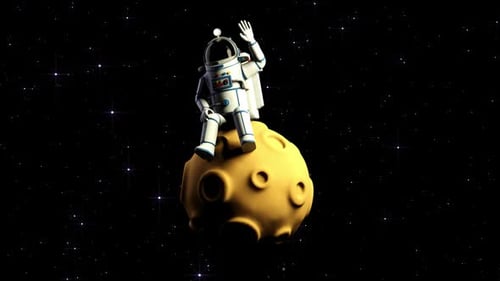 Astronaut sitting on the moon. Spaceman on planet with craters waves his hand