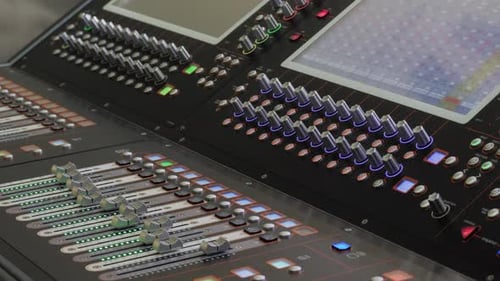 Soundboard Pads Station Closeup Sound Designer Use Digital Audio Mixer in Production Studio Sound