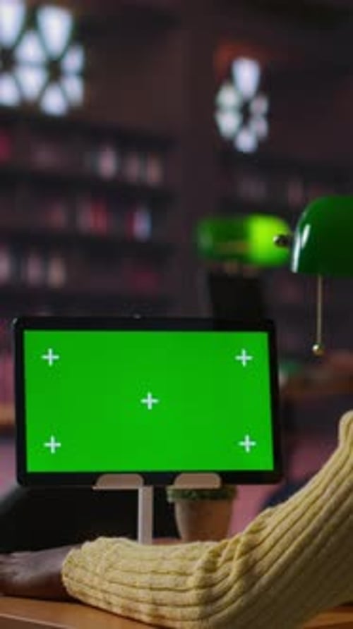 Vertical Video Primary School Student at Desk in the Library Reading Next to Mockup on Tablet