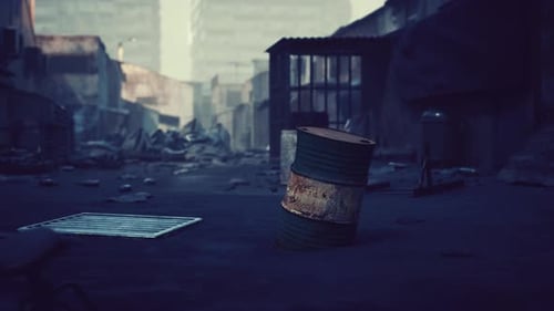 Post-Apocalyptic Ruined City Street Dolly Shot Background
