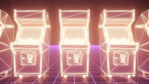 Las máquinas de videojuegos de color neón están alineadas en fila. La escena desprende un ambiente nostálgico y divertido