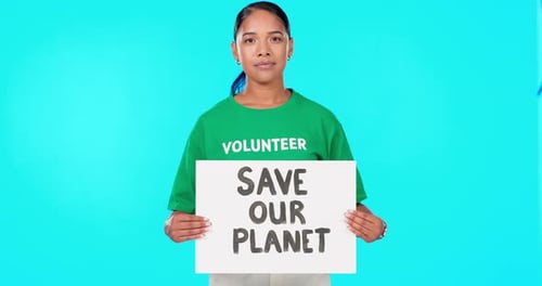 Climate change, global warming and woman with poster on blue background