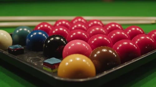 Snooker Colorful Balls Closeup on Green Billiards Table for Start to Play Snooker Game Billiard