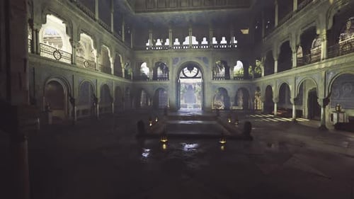 Peaceful Architectural Setting with Intricate Details and Central Water Feature