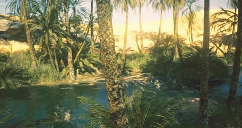 Lush Oasis with Palm Trees and Tranquil Water in Desert Setting at Sunset